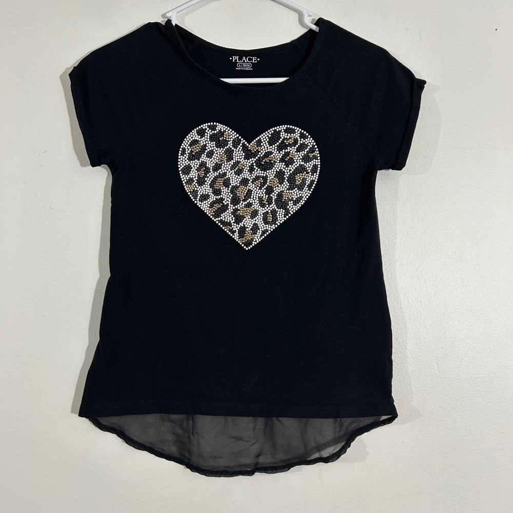 Girls The Childrens Place Black Top‎ Leopard Heart Rhinestone Shirt L 10/12